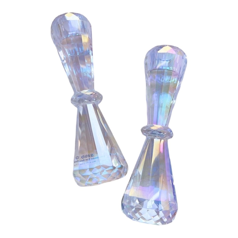 TWO SD SIMON DESIGNS FACETED CRYSTAL PRISM 8" CANDLESTICKS - BRAND NEW